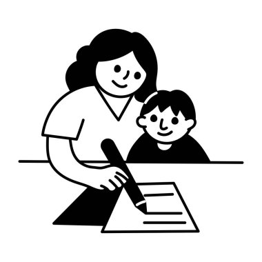 Çocuk ödevi yapan anneyi tasvir eden el çizimi çizimi.
