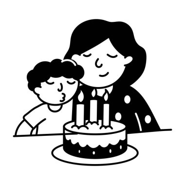 Anne ve oğul pastaya mum üflüyor, karalama çizimi 