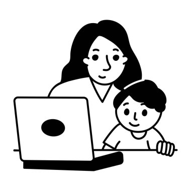 Anne oğluyla dizüstü bilgisayarda çalışıyor, karalama çizimi. 