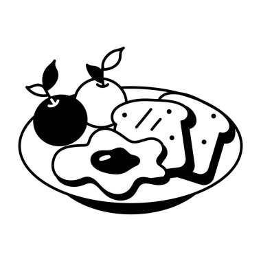 Kızarmış yumurta, ekmek ve meyveli kahvaltı tabağı, karalama tarzı illüstrasyon 