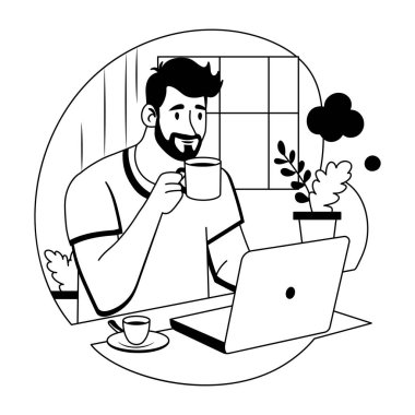 Çalışırken kahve molası veren bir adam, kabartma çizimi 