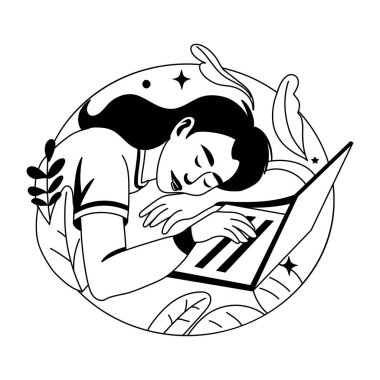 Yorgun çalışanın dizüstü bilgisayarla uyuması, kabartma çizimi 