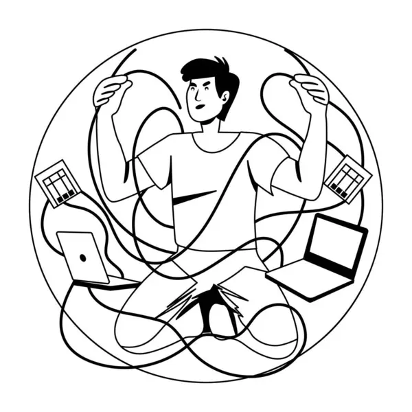 Kablolara dolanmış adam, kabartma stili çizim 