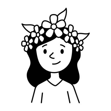 Çiçekli taç takan bir kız, el çizimi bir ikon 