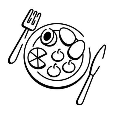 Elle çizilmiş bir tabak, çatal ve bıçakla akşam yemeğini tasvir ediyor. 