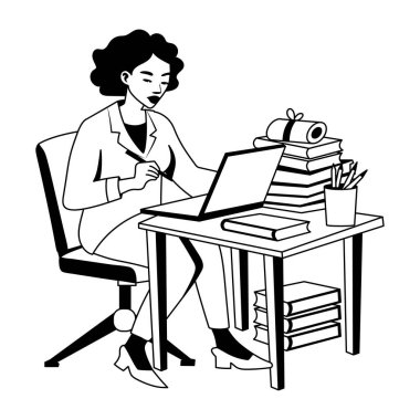 Bir dizüstü bilgisayar üzerinde çalışan bilim adamı, kabartma tarzı illüstrasyon 