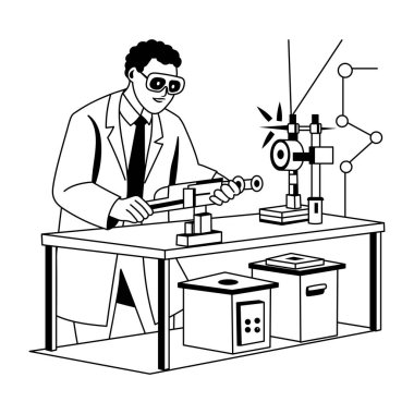 Bir laboratuarda çalışan optik mühendisin çizimi. 
