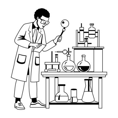 Laboratuvarda çalışan bir laboratuvar asistanının çizimi. 