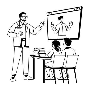 Ekranda öğrencilere öğretmenlik yapan bir öğretim görevlisinin kabartması. 