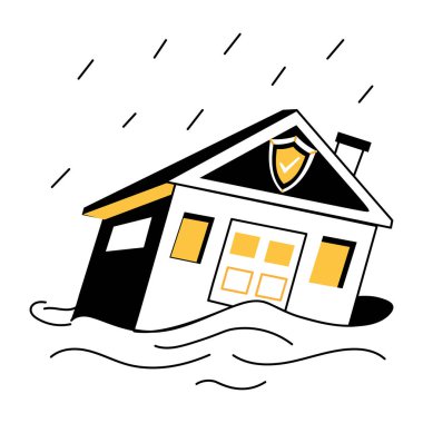 Sel sigortası tasvir eden yüzen bir ev, düz çizim. 