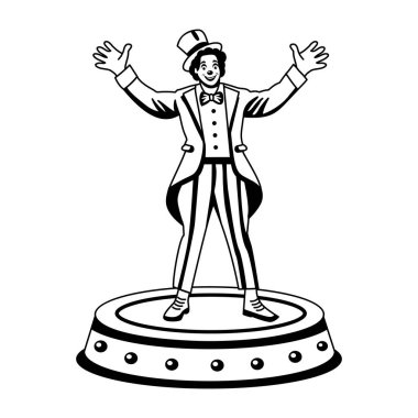 Sahnede duran sirk müdürü karakterinin kabartma çizimi. 