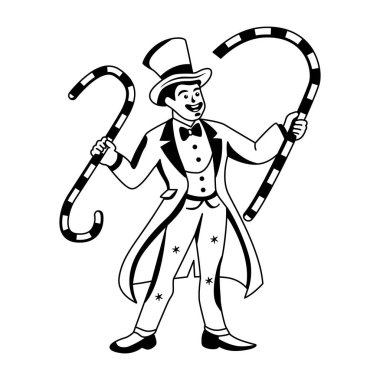 Sirk müdürü uzun çubuklar çizimi ile numara yapıyor. 