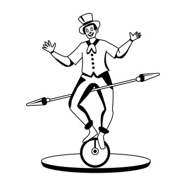 Tek tekerlekli bisiklete binen bir sirk karakterinin çizimi. 