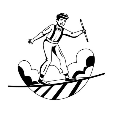 Küçük bir çubukla dengede duran ip cambazı çizimi. 