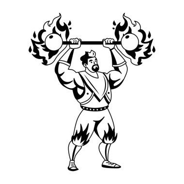 Güçlü adam ateş dambıllarını kabartma stilinde kaldırıyor. 