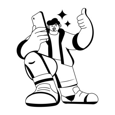 Cep telefonuyla selfie çeken bir karakterin tasviri. 