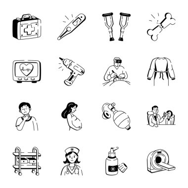 El Çizimi Tıbbi Simgeler Koleksiyonu  