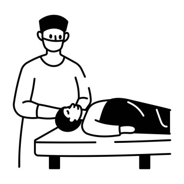 Ameliyathanede dikilen bir doktor, karalama tarzı bir ikon. 