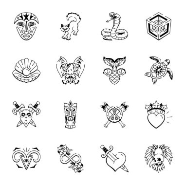 Doodle Biçimli Yaratıcı Dövme Simgeleri Paketi 