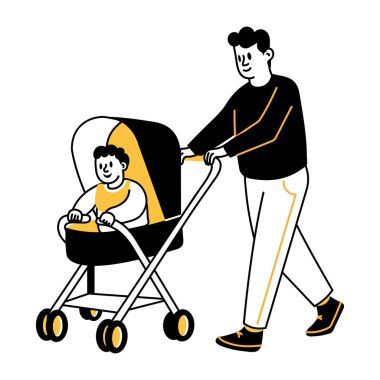 Bebek arabasına yumruk atan bir karakter, el çizimi bir illüstrasyon 