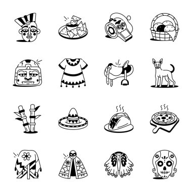 Meksika Geleneklerinin Kolleksiyonu Doodle Stili Simgeleri 