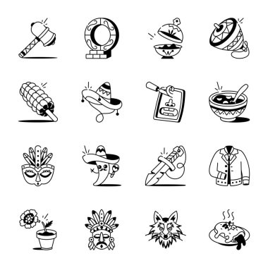 Doodle Tarzı Meksika Kültür Simgeleri 