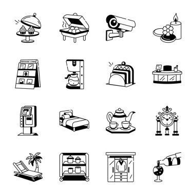 16 Doodle Style Otel ve Misafirperverlik Simgeleri