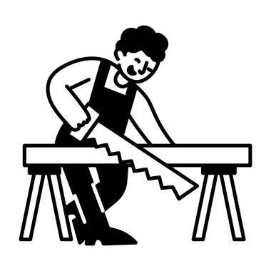 El testeresiyle odun kesen bir marangoz, karalama ikonu. 