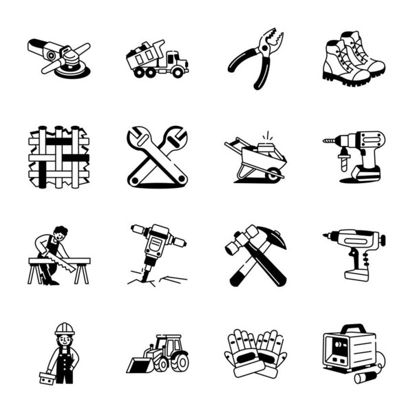 Collection of Construction Tools Doodle Style Icons 
