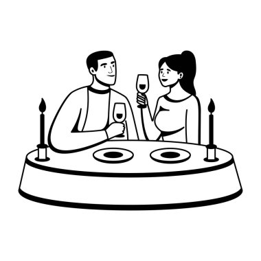 Akşam yemeği randevusu yapan tatlı bir çiftin çizimi. 