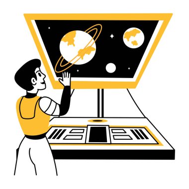 Uzay araştırması yapan bir karakter, el çizimi illüstrasyon 