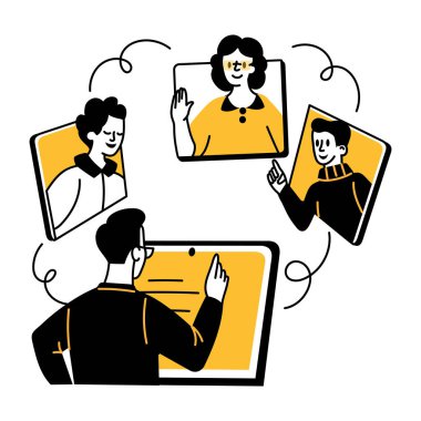 Sanal toplantı yapan bir karakter, el çizimi illüstrasyon 