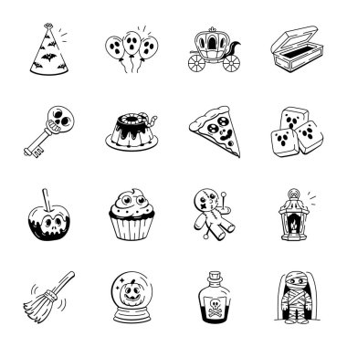 Cadılar Bayramı Gıda ve Aksesuarları Seti Doodle Simgeleri 