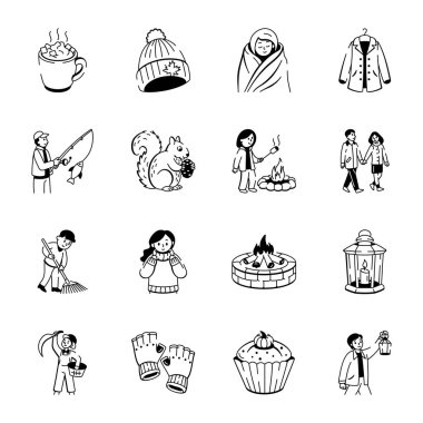 Düşen Hayvanlar ve Karakterler Kümesi Doodle Simgeleri