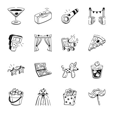 Doodle Stili Parti Simgeleri Koleksiyonu 