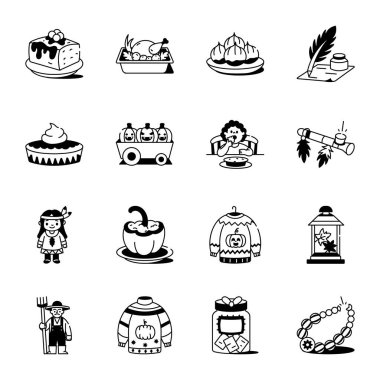 Şükran Günü Koleksiyonu El Yazması Simgeleri 