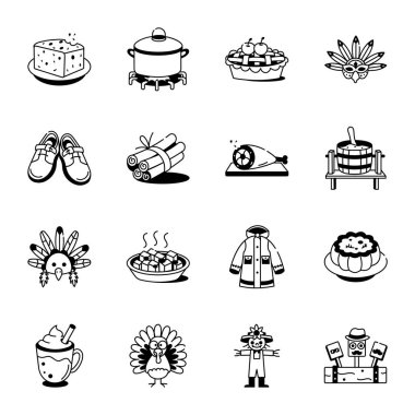 16 tane Şükran Günü Yemeği ve Dekor Simgeleri 