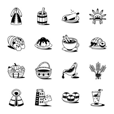 Şükran Günü Kutlaması Doodle Stili Simgeleri Paketi 