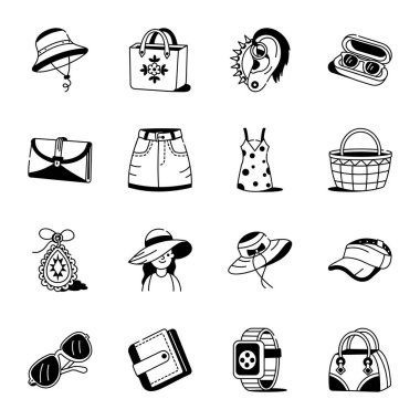 Bir demet Kız Moda El Çizimi Simgeleri 