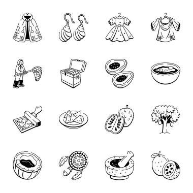 Hawaii Kültür Doodle Tarzı Simgeleri 