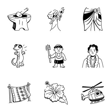 Doodle Stili Hawaii Mitoloji Simgeleri