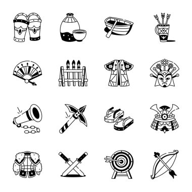 Doodle Stili Japon Kültür Simgeleri Koleksiyonu 