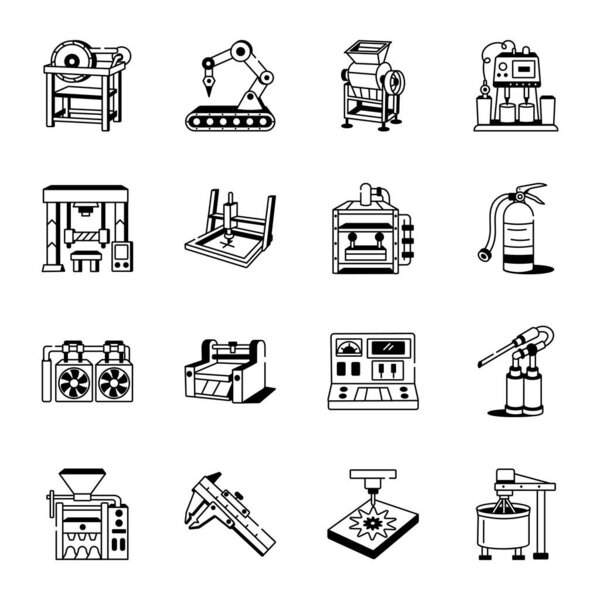 Pack of Factory Equipment Doodle Style Icons 