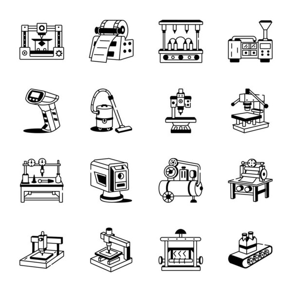 Set of Industrial Machinery Sketchy Style Icons 