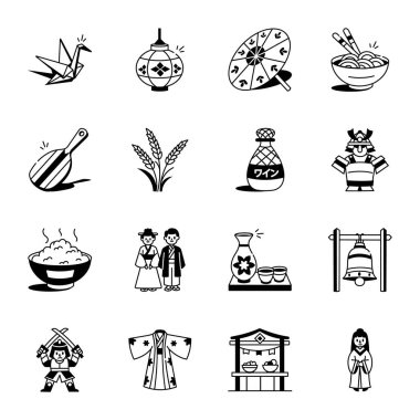 Japon Kültür Koleksiyonu El Çizimi Simgeleri 