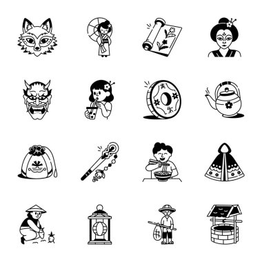 Japon Kültür Koleksiyonu El Çizimi Simgeleri 