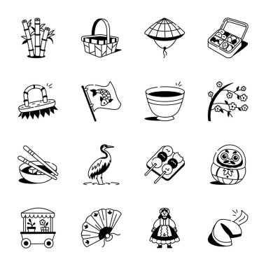 Japon Kültür Koleksiyonu El Çizimi Simgeleri 