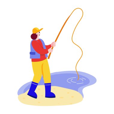 Bir kişinin balık tutmasını gösteren düz bir çizim. 