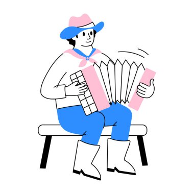 Neşeli bir akordeon çalıcısını gösteren illüstrasyon çizim stili çizimi 