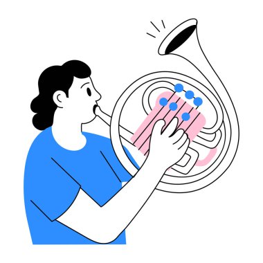 Klasik Fransız kornosu çalan bir karakteri gösteren el çizimi.